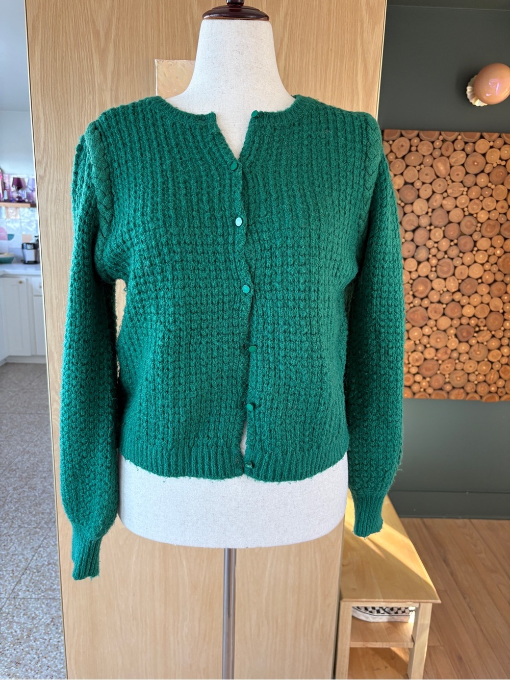 Sezane Emerald Green Textured Knit Cardigan